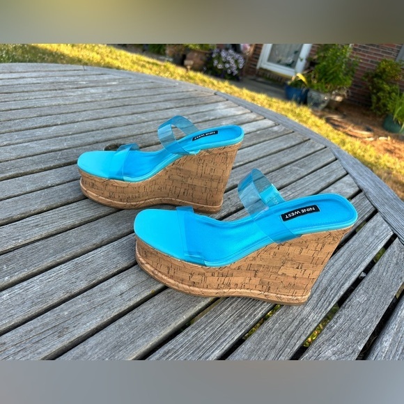 New Nine West Rapps‎ blue size 8 1/2 Cork Wedge Chunky Sandals - Picture 4 of 7